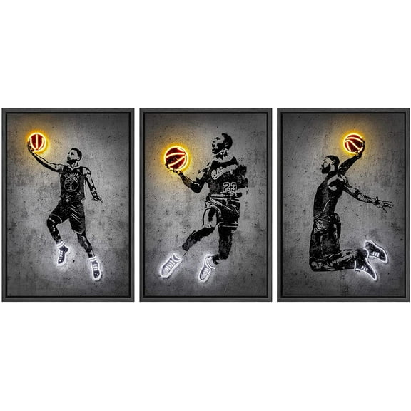 wall26 Framed Canvas Print Wall Art Set Neon Light Basketball Player Slam Dunk Sports & Fitness Athletes Digital Art Pop Art Modern Portrait for Living Room, Bedroom, Office - 16"x24"x3