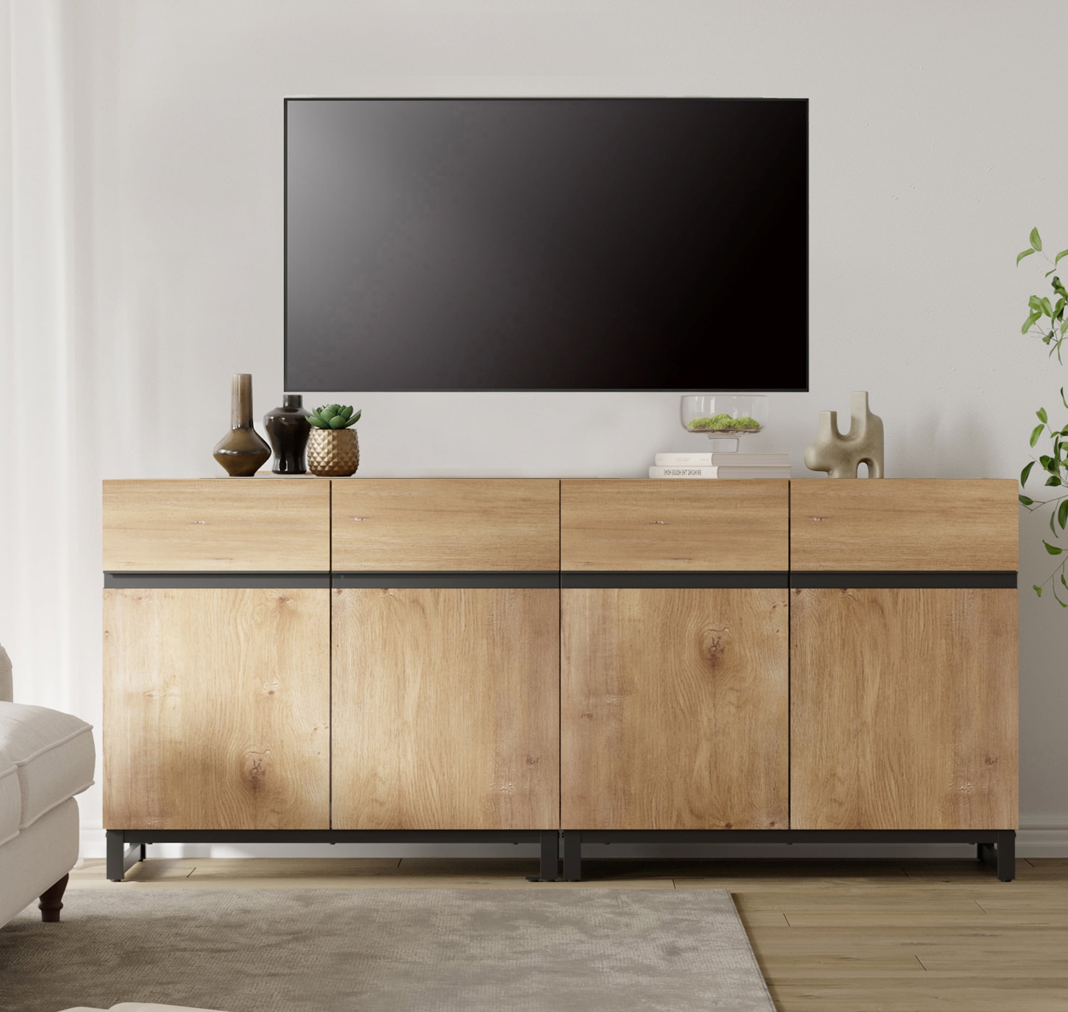Modern 3-Piece Living Room Set – 63" TV Stand + 2 End Tables with Drawers, Entertainment Center with Storage Cabinet for Living Room,Oak