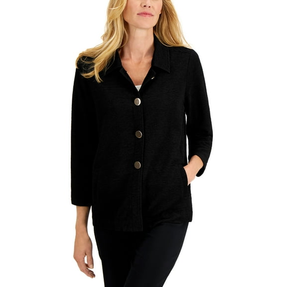 JM Collection Textured Button Front Jacket Deep Black XS
