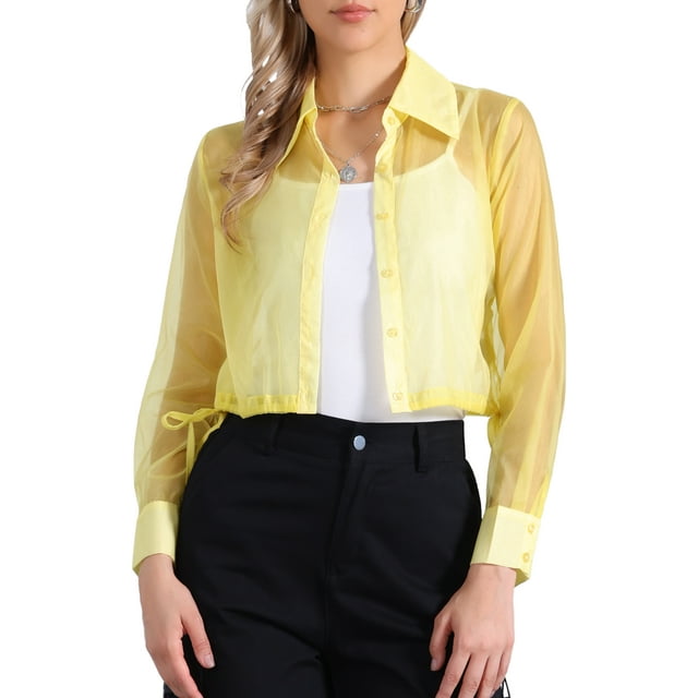 Camisa de manga larga transparente de malla con cuello de punta y botones de Allegra K para mujer, talla S, color amarillo claro