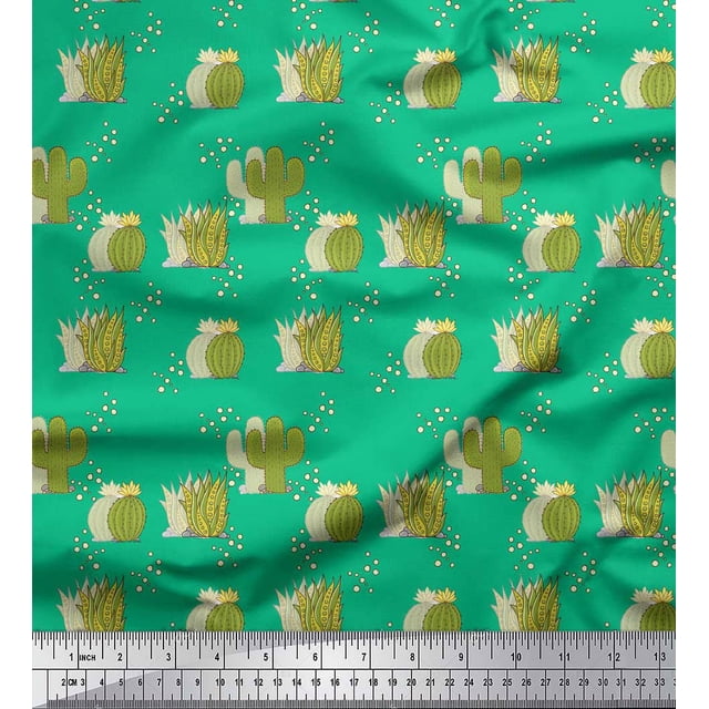 Soimoi Green Rayon Fabric Sea Plant & Cactus Tree Print Fabric by Yard 56 Inch Wide
