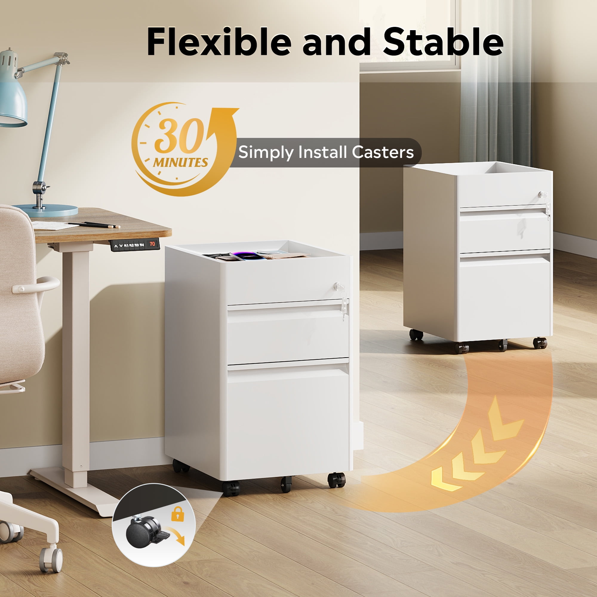 GALAXHERO 2 Drawer File Cabinet with Lock, Metal Storage Organizer with Fence, Mobile Filing Cabinets for Home Office, Fit Letter/A4/Legal Size Files, White