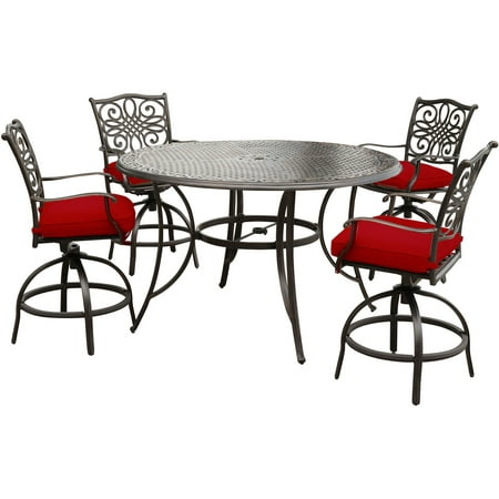 Hanover Traditions 5-Piece High-Dining Set in Red with Four Swivel Chairs and a 56 In. Cast-top Table