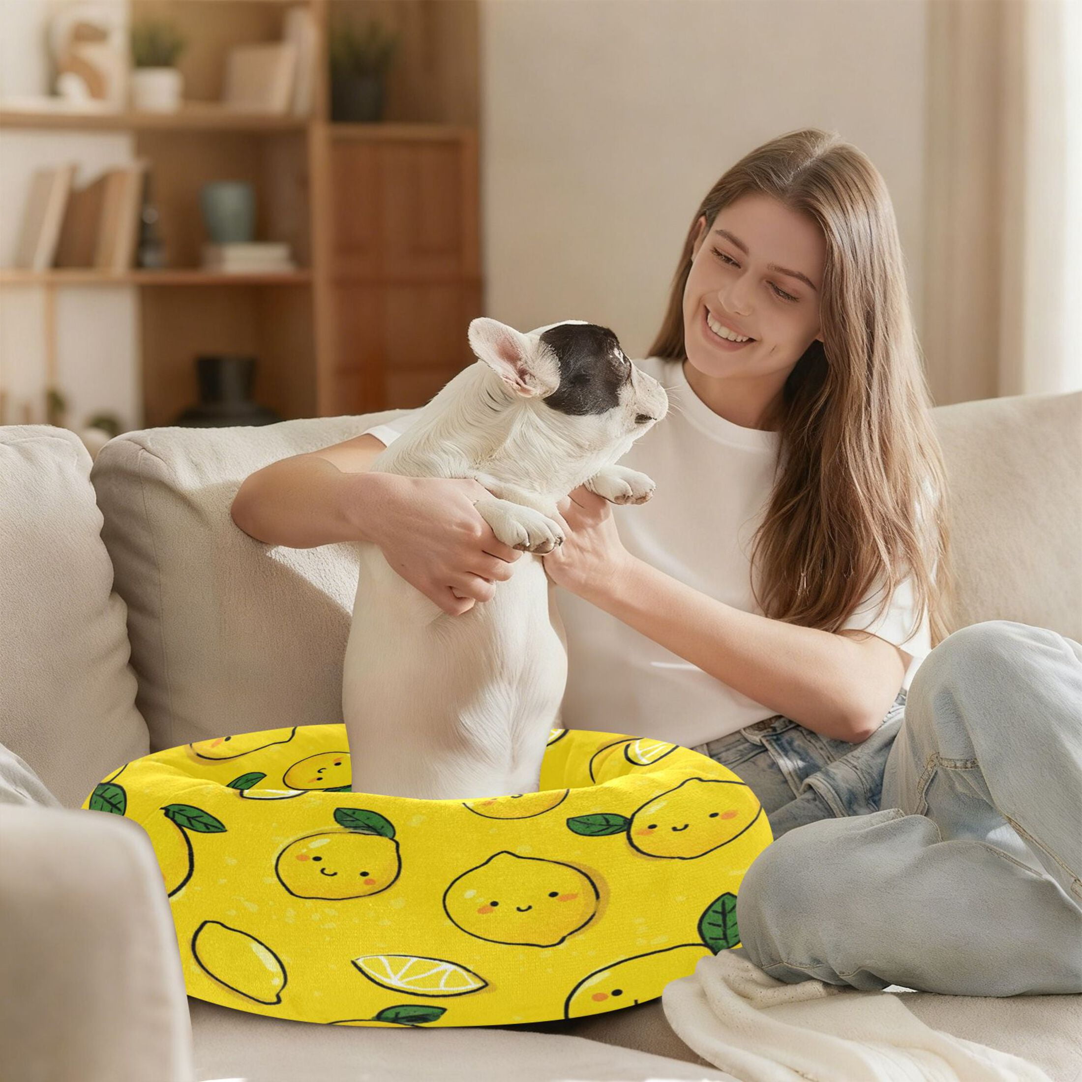 Iauyy Pet Couch Donut Cat Bed for Indoor Cats/Small Dogs Washable & Machine with Non-slip Bottom Calming Cat Furniture, Lemon Cartoon Wallpaper (M)
