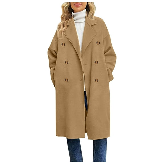 JGGSPWM Women's Notched Lapel Double Breasted Pea Coat Winter Wool Blend Long Jacket Shawl Collar Slim Trench Coat Below Knee Khaki#/001 2XL