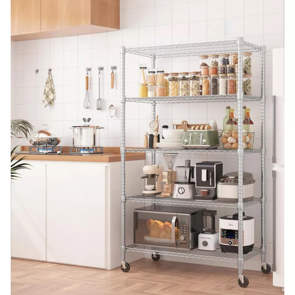 Sailvan 5-Tier Heavy Duty Metal Shelving Unit with Wheels, 2000lb Capacity Wire Storage Rack, 36"W x 18"D x 82"H, Adjustable Garage Shelves,Black