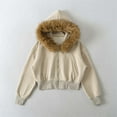 thumbnail image 3 of Womens Cropped Jackets Detachable Faux Fur Collar Hooded Full Zip Tunic Cardigan Casual Stylish Outwear With Pockets (L, Khaki), 3 of 5