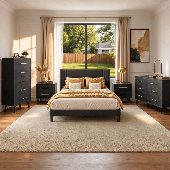 5-Piece Dark Aesthetic Bedroom Furniture Set, Dark Gray Queen Bed Frame, Black 2 Nightstands & 5/6 Drawer Dressers, Modern Bedroom Decor for Home Master Bedroom