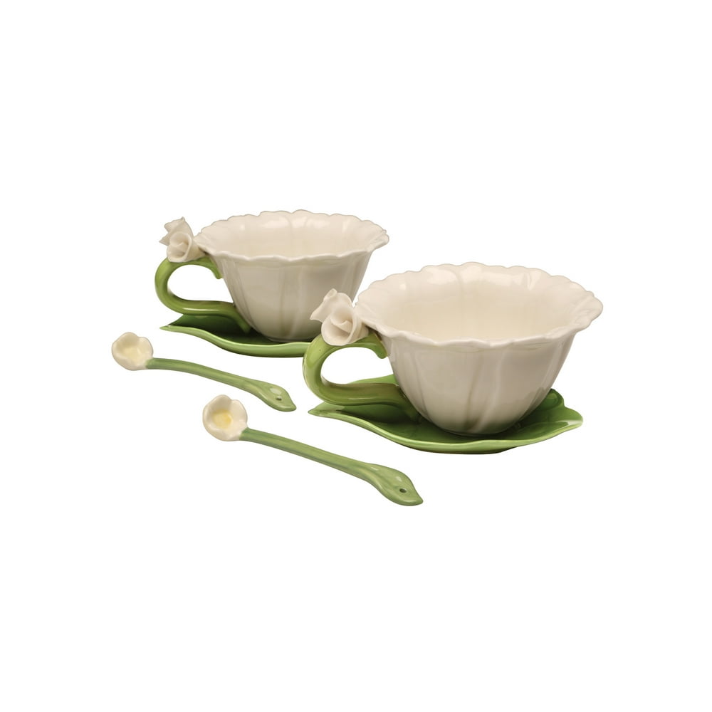 Cosmos Porcelain Floral Tea for 2 Set Flower Shaped 6 Piece Tea Set (2 Cups, Saucers & Spoons