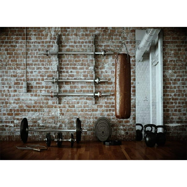 YongFoto 3x2m fondale Gymnasium interior fitness Room fondali per fotografia attrezzature da palestra shabby Brick Wall Gloomy Grunge legno pavimento in sfondo foto da uomo e da donna studio puntelli