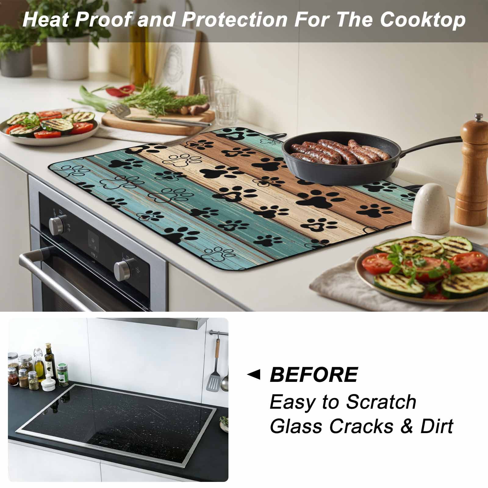 Black Dog Claws Stove Top Cover for Electric Stove, Heat-proof & Non Slip Glass Top Stove Cover Protector, Cat Pets Printed Teal Brown Wood Grain Kitchen Flat Cooktop Rubber Mat 24x21 Inches