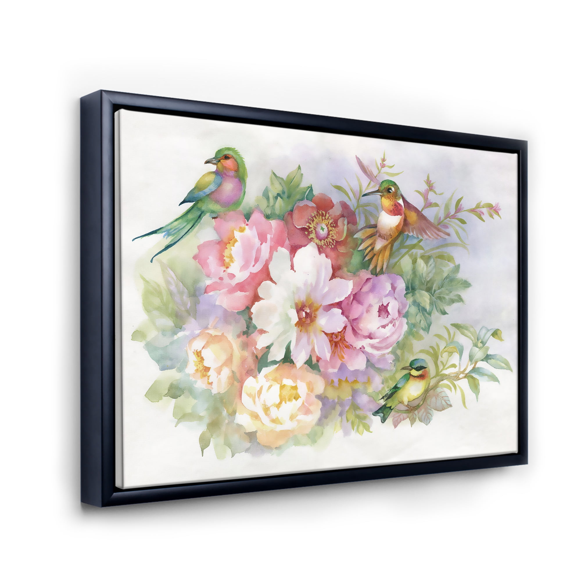 Designart 'Colourful Birds and Vibrant VIntage Flowers' Traditional Framed Canvas Wall Art Print