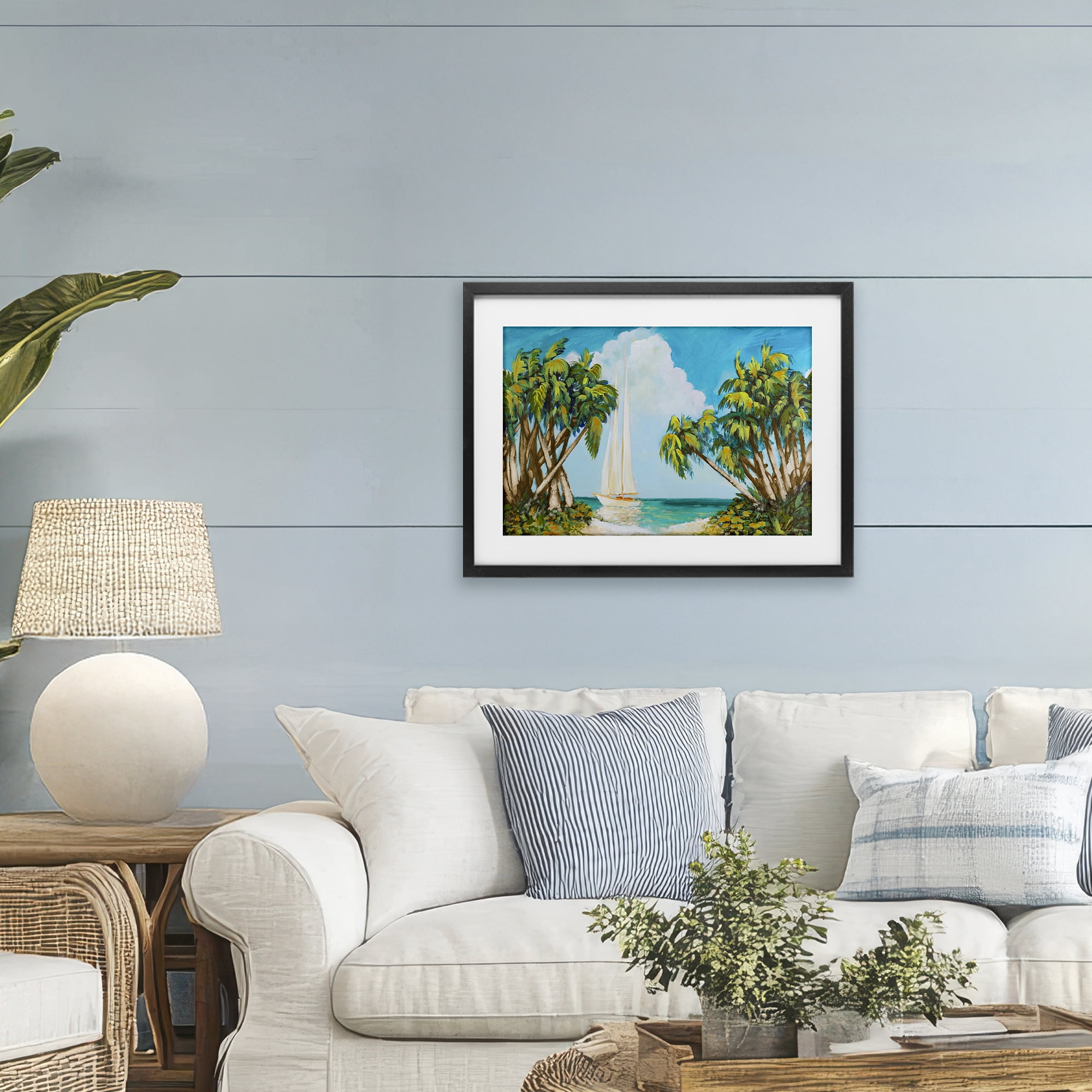 Stupell Industries Sailboat Among Palms Black Framed Print Under Glass, design by Dan Meneely