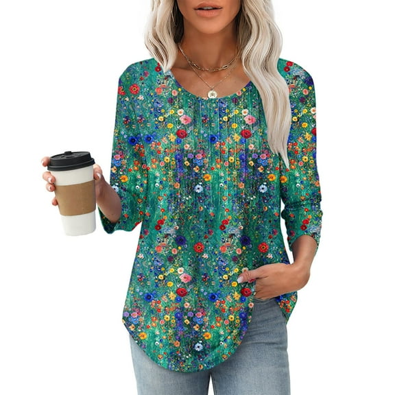 Jsaierl 3/4 Sleeve Tops for Women Casual Round Neck Shirts Dressy Graphic Ladies Pleated Blouses Soft Cotton Tunic Top S-2XL