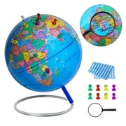 BSHAPPLUS 12" Tall Magnetic Globes of the World with Stand,Blue Globe for kids learning With Magnetic Push Pins & magnifier & handkerchief