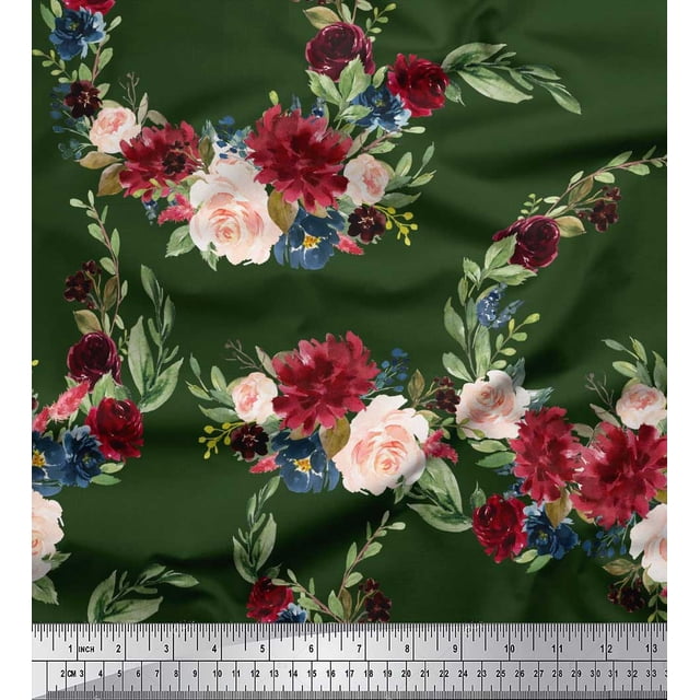Soimoi Green Rayon Fabric Ranunculus & Penoy Floral Print Print Sewing Fabric By the Yard 42 Inch Wide