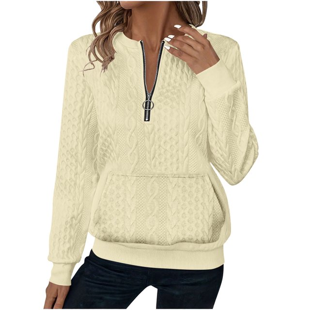 Mceream Chandails Matelassés pour Femmes à Fermeture Éclair, Col Rond, Manches Longues, Texturés, Unis, Chandails à Enfiler avec Poches, Décontractés, Amples, Mode, Automne Hiver, Tuniques, Grande Taille, Sudadera Para Mujer Beige m