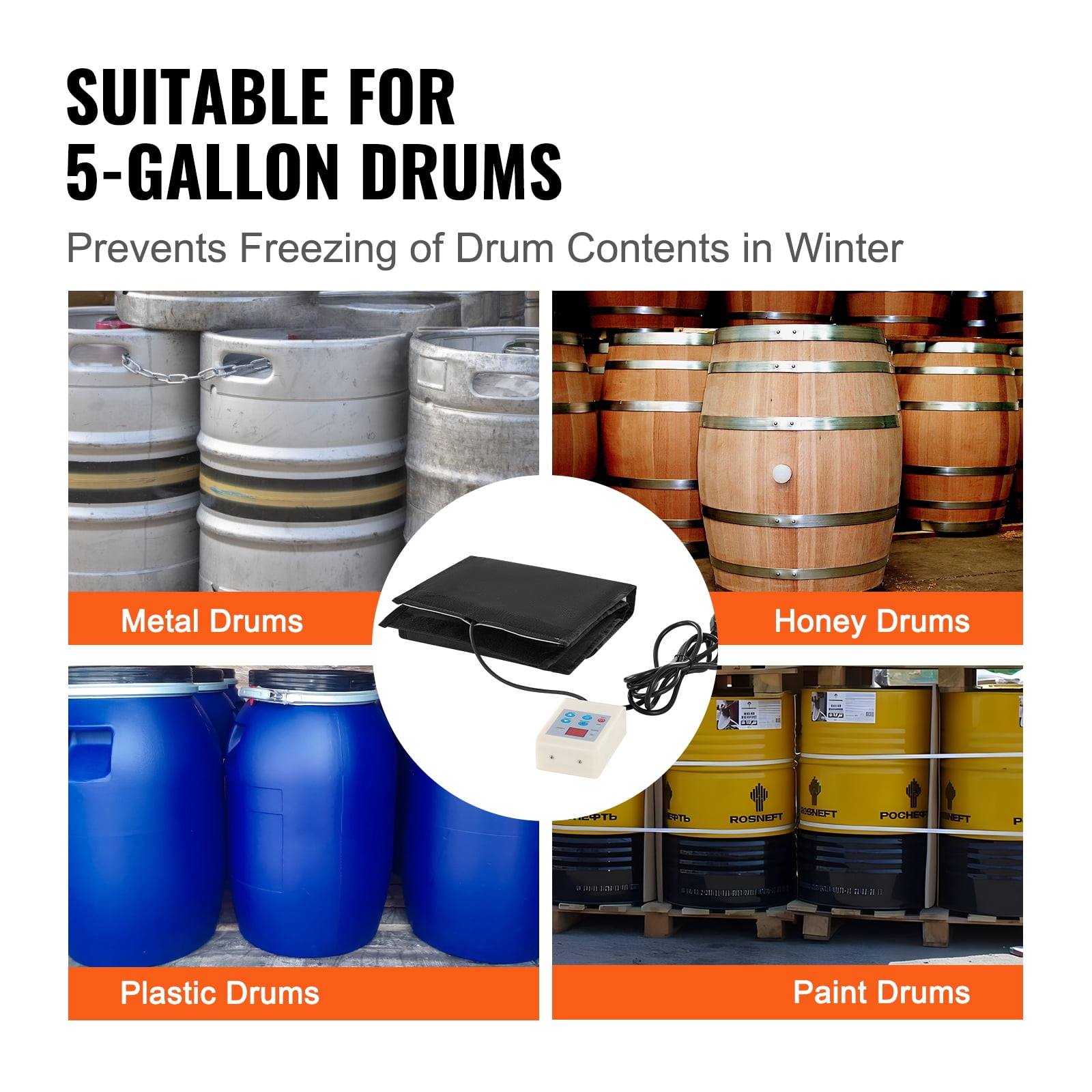 KFFKFF Barrel Warmer, 250W, for 5 Gallon Drums, Temperature Range 0-145℉ with Separate Thermostat, Water-Resistant Oxford Material for Efficient Heating of Oil Drums, UL/FCC Certified