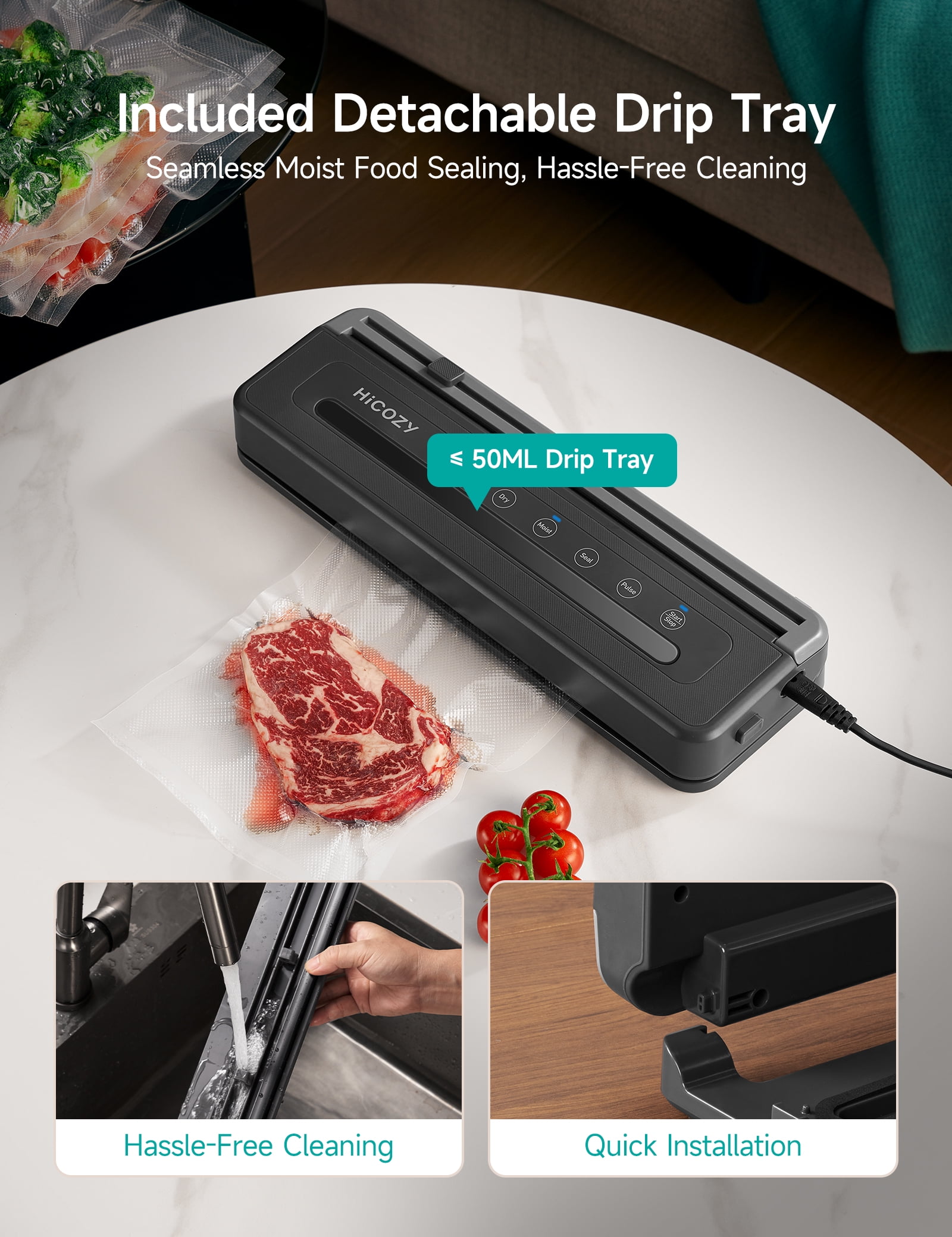 HiCOZY Vacuum Sealer Machine With 10 Vacuum Bags, Gray