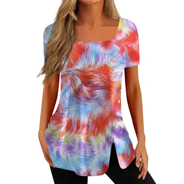 Gibobby Playera de Manga Corta con Cuello Redondo Tops verano para mujer, camiseta informal con cuello cuadrado y manga corta con botones y abertura, camiseta, Tops,(Rojo,G)