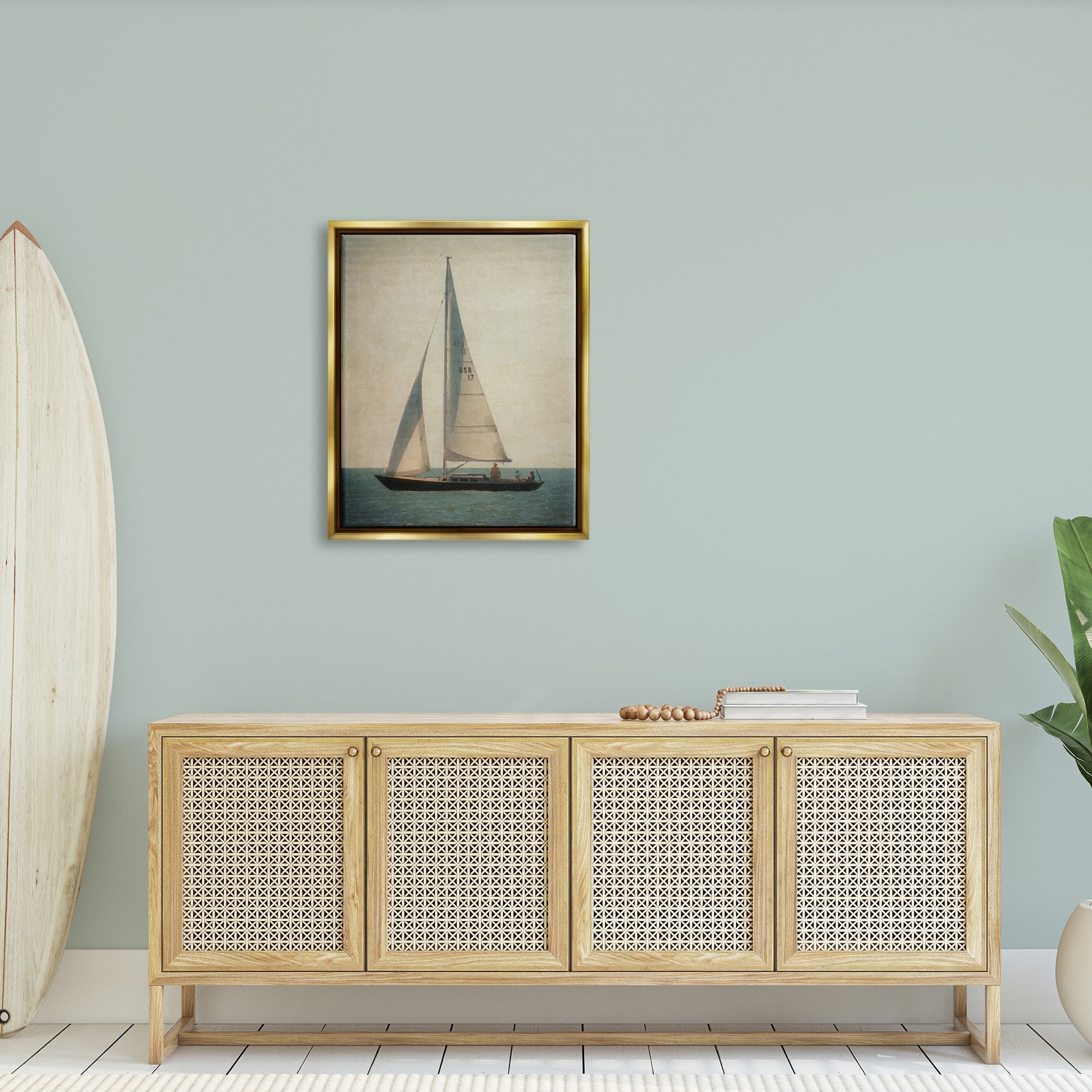 Stupell Industries Lone Sailboat People Relaxing Quiet Ocean Landscape Painting Metallic Gold Floating Framed Canvas Print Wall Art, Design by Graffitee Studios