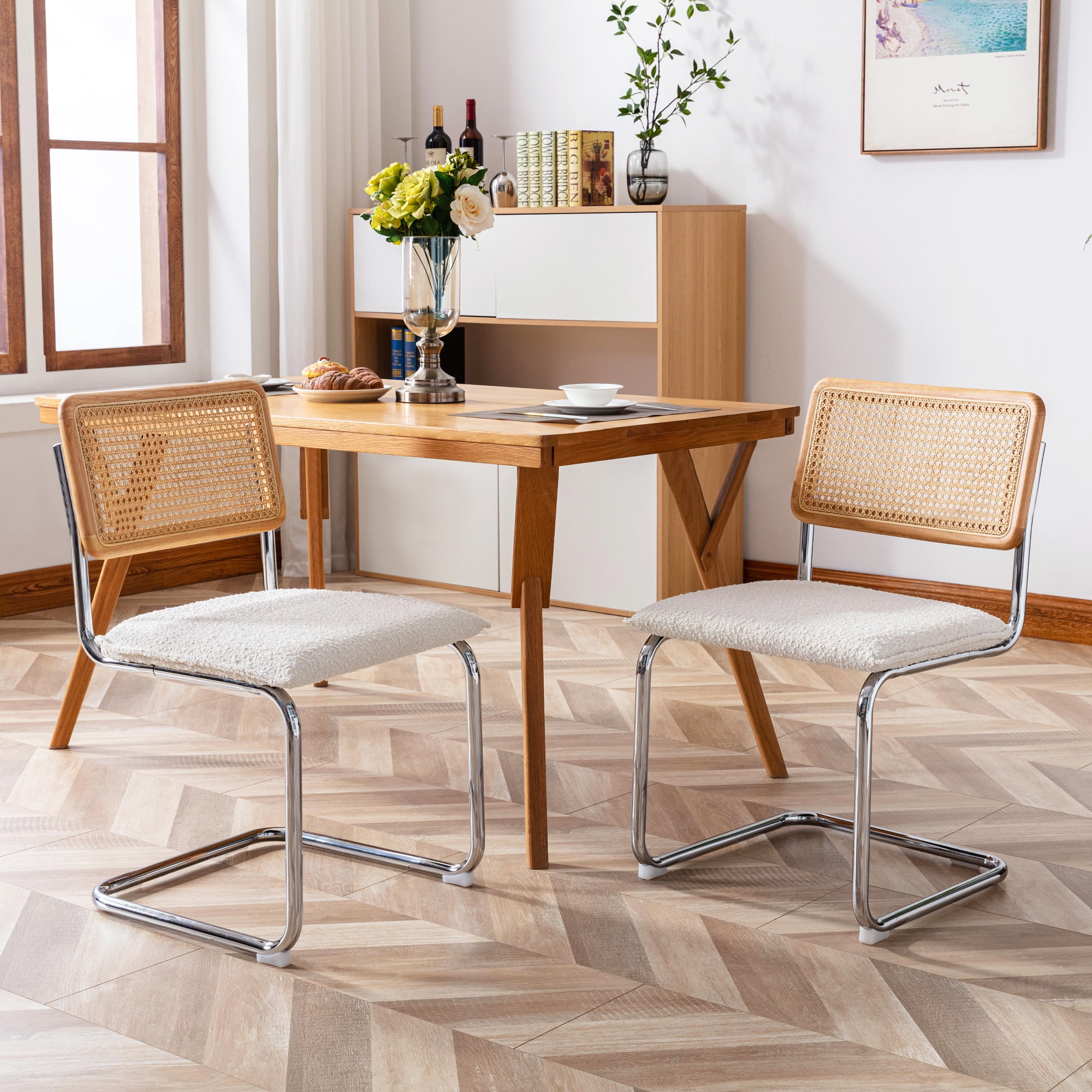 Zesthouse Rattan Dining Chairs Set of 2, Boucle Fabric Upholstered