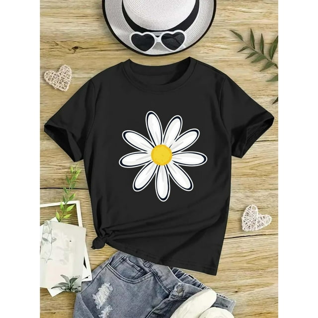 T-Shirts à Manches Courtes pour Filles, T-Shirt Graphique Décontracté en Coton Doux, Col Rond, Parfait pour Printemps/été, Lavable en Machine, Tenue Décontractée pour Filles Haut Imprimé Marguerite Non Transparent