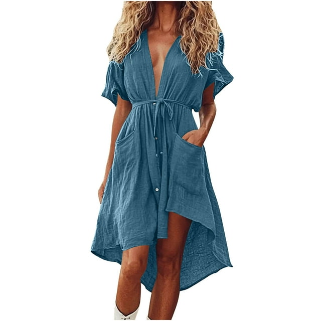 Liquidation d'Été 2025! Robe d'Été en Solde pour Femmes, Robes Courtes d'Été pour Femmes Manches Courtes Bloc de Couleur Ample Tendance Imitation Coton et Lin Mini Robe avec Bouton Poche