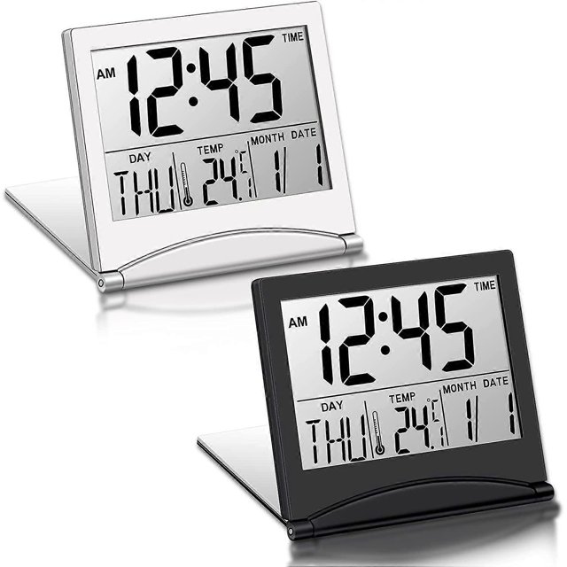 Reloj despertador digital de viaje de 2 piezas, plegable, con pantalla LCD, calendario, temperatura, modo de repetición, multifunción, pequeño, portátil.