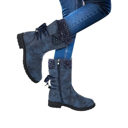 Women Casual Vintage Snow Boots Womens Retro Mid-Calf Boots Lace Extra Wide Calf Snow Boots for Women Up Thick Heels Shoes 6-6.5