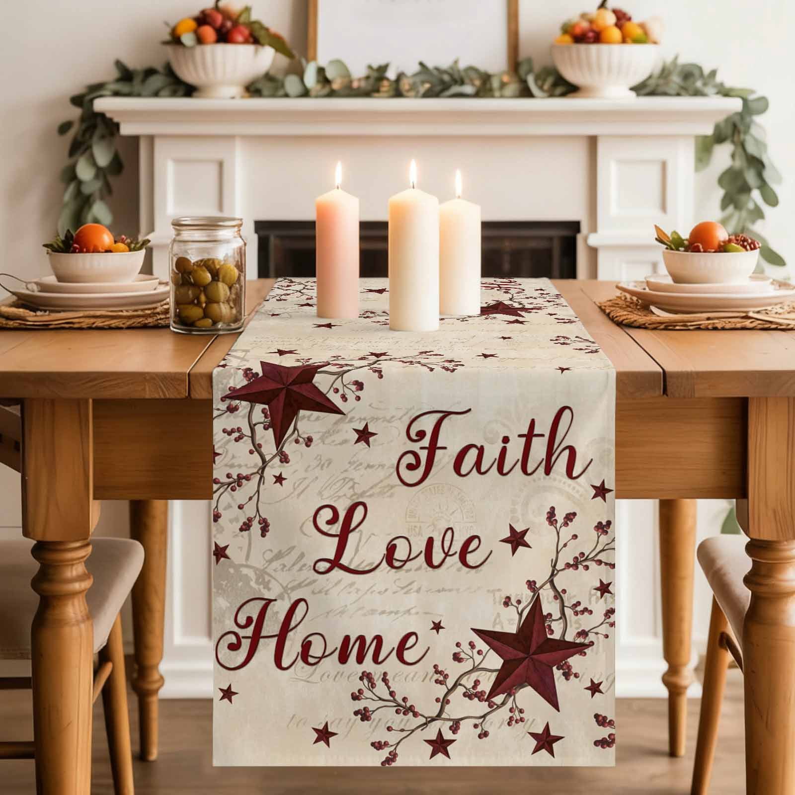 Vintage Country Cotton Linen Table Runner for Dining Kitchen, Vintage Rustic Texas Stars Plants Branch Wedding Outdoor Party Tablerunners, Dresser Scarf Coffee Tablecloth Runners 13x60 Inches