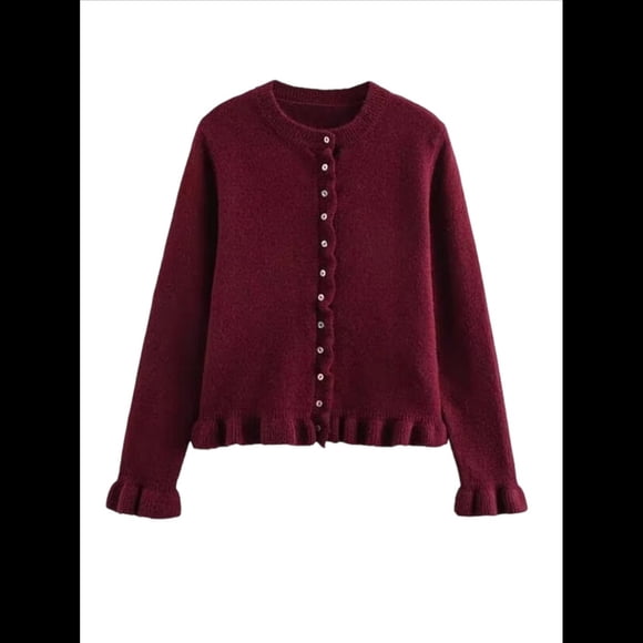 Suéter Tipo Cárdigan Corto para Mujer, Moderno, con Cuello Redondo, Volantes, Larga, Botones, Prendas de Punto. Rojo M