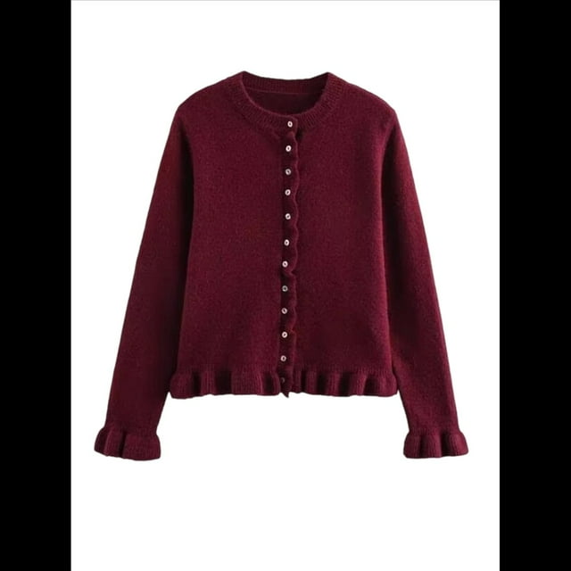 Suéter Tipo Cárdigan Corto para Mujer, Moderno, con Cuello Redondo, Volantes, Larga, Botones, Prendas de Punto. Rojo M