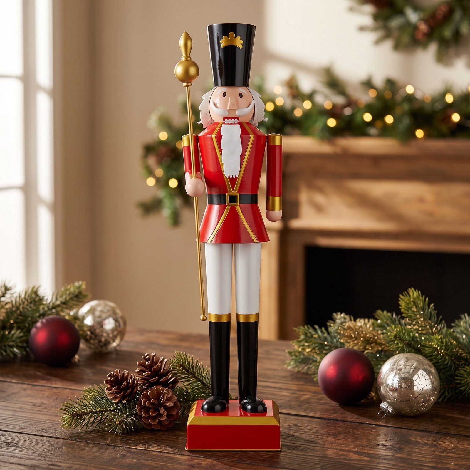 RUIE 4 FT Christmas Nutcracker Statue with High Hat & Scepter, Metal Holiday Nutcracker Soldier Figure with Hidden Lockable Storage for Indoor Outdoor, Black & Red