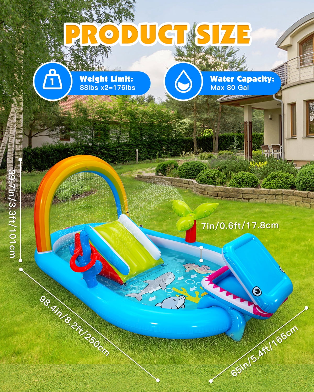 Qhomic 6-in-1 Inflatable Play Center with Pool, Indoor/Outdoor Water Park Pool with Water Slide, Shark-Shaped Ball Toss, Water Sprinklers, Ring Toss Game, Dry & Wet Use