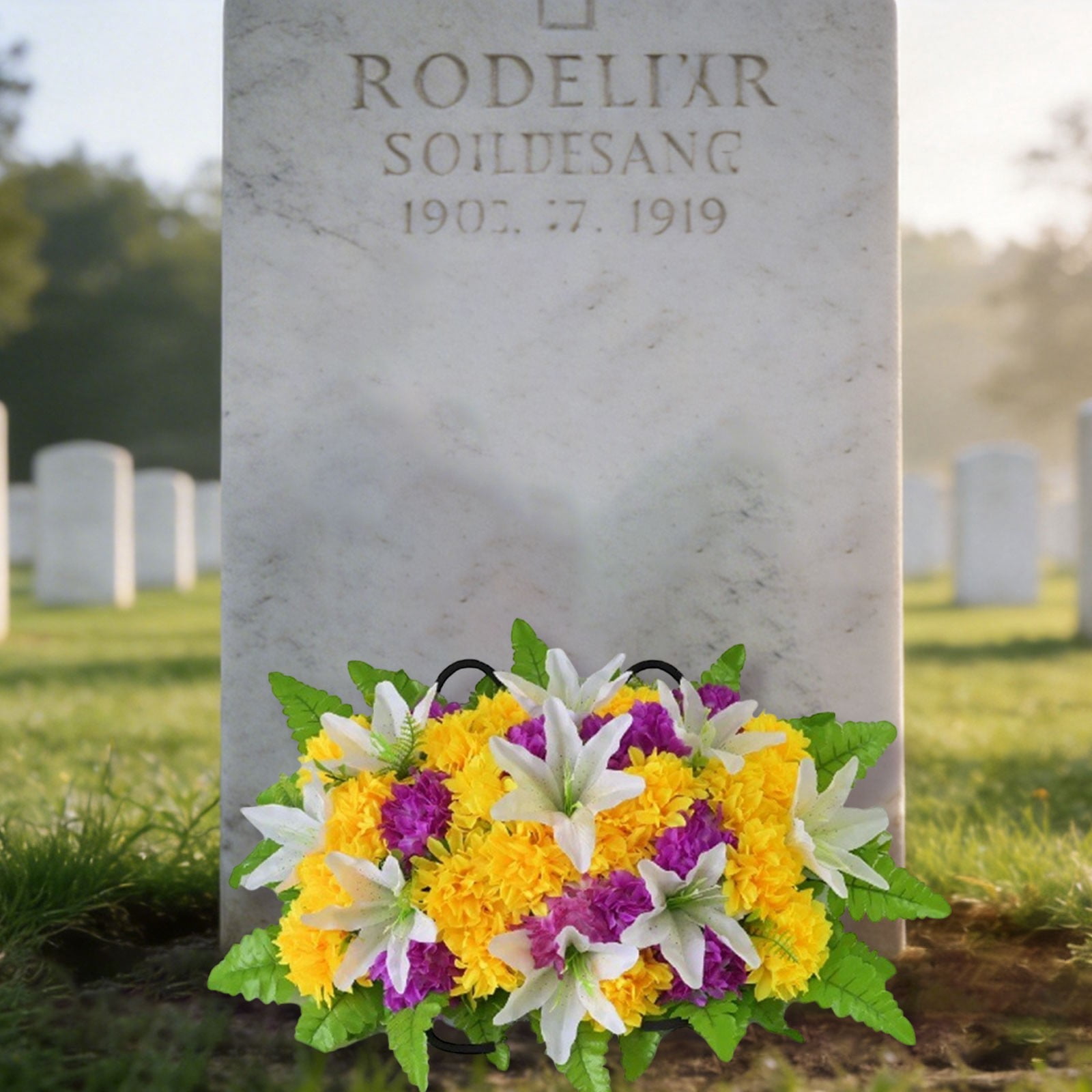 Artificial Cemetery Flowers for Grave, Headstone Flower Saddle Realistic Grave Decorations for Cemetery, UV Resistant Memorial Day Flowers with Lily Chrysanthemum for Headstone Cemetery Grave Decor