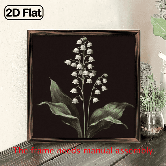 2D Flat, 1pc Minimalist Lily of the Valley Wood Wall Art - Black Framed Farmhouse Decor, 8x8 Inch Square White Floral Print on Dark Brown Wood Background, Bathroom.