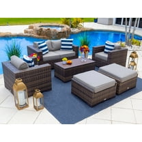 Sorrento 6-Piece M Resin Wicker Outdoor Patio Furniture Lounge Sofa Set in Brown w/ Loveseat Sofa, Two Armchairs, Two Ottomans, and Coffee Table (Flat-Weave Brown Wicker, Polyester Light Gray)