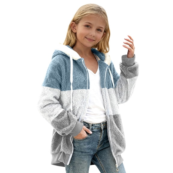 Girls Fleece Jacket Color Block Boys Long Sleeve Lightweight Zip Up Fuzzy Jacket Hooded Little Girls Winter Coat 5-6 Years