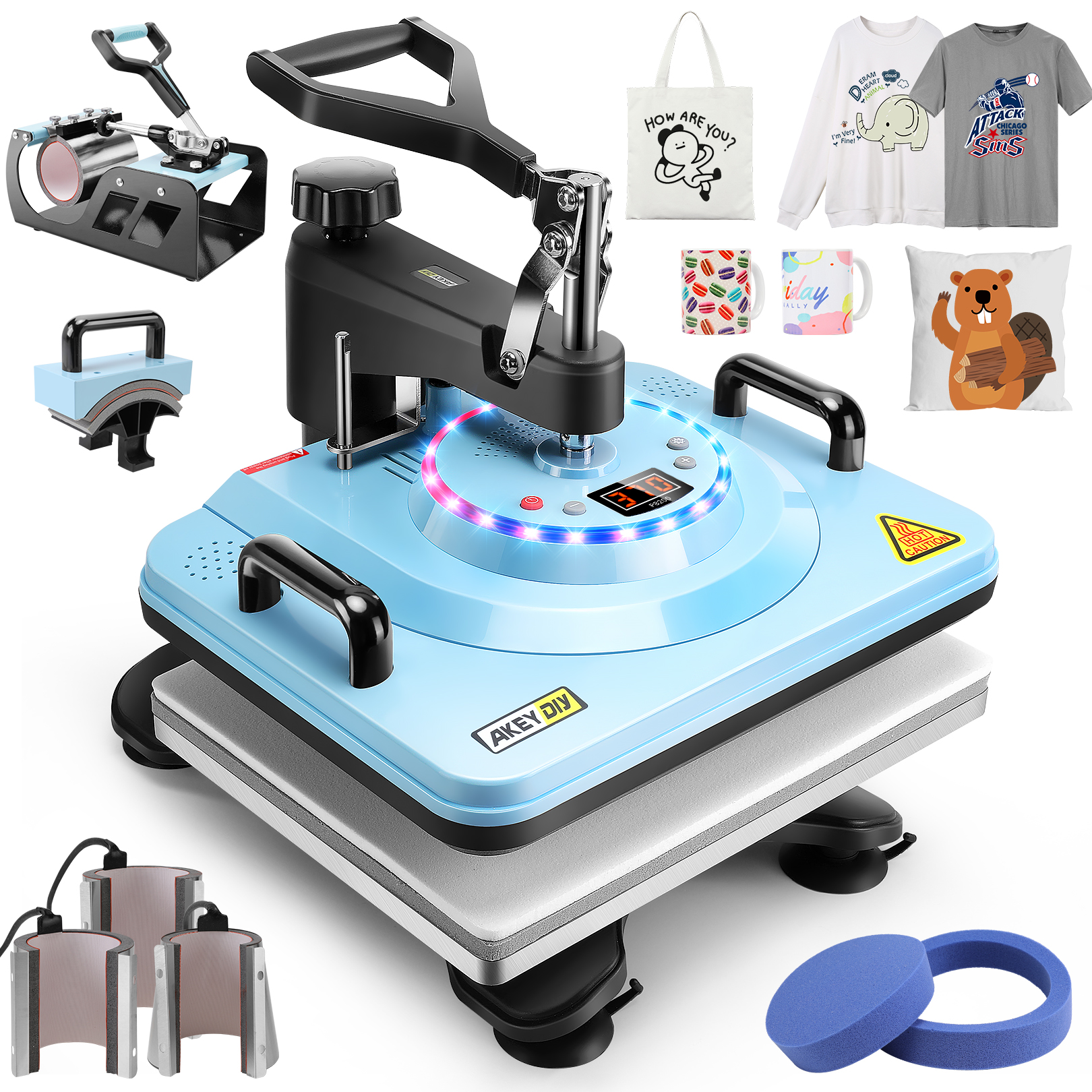 Adnoom 3-in-1 Cap Heat Press Machine, Hat Heat Press with 3pcs Replaceable Heating Pads, Automatic Release & Press, DIY Sublimation press for Caps T-Shirts Bags, Pink