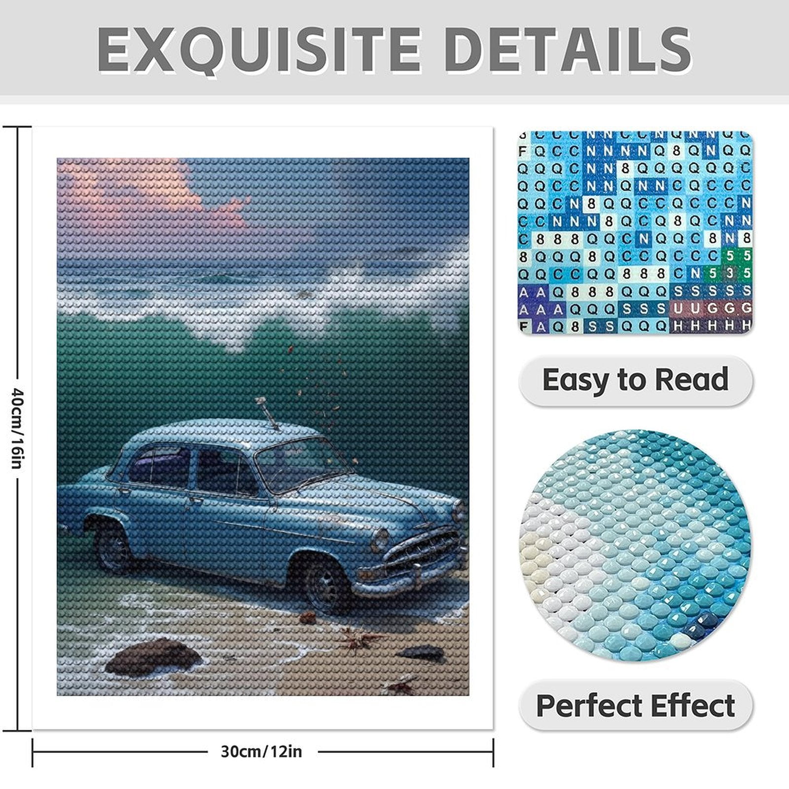 Diamond Art Kits for Adults - Classic Car Sky Blue Print No.68 5D Frameless Dimond Painting Kit for Adults Beginner, Round Diamond Kits for Home Wall Decor, Gift for Women
