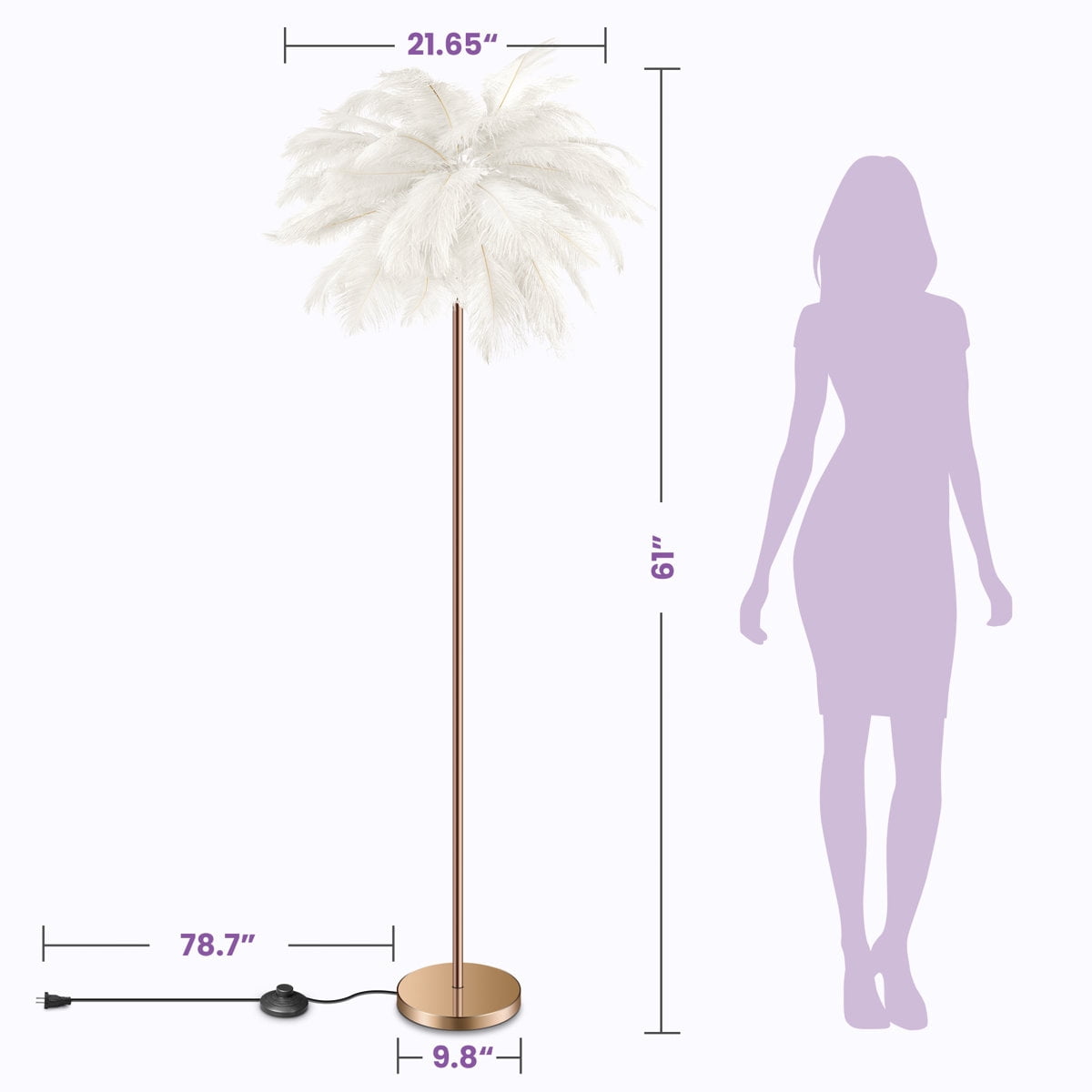Feather Floor Lamp for Living Room, Fluffy Ostrich Feathers Lamp, Rose Gold Color Body with 5 standard G4 Bulbs - White