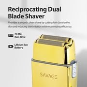 Savage Foil Shaver for Men, Professional Reciprocating Dual Blade Double Gold Foil Shaver, Hypoallergenic, Rechargeable 90 Minute Runtime, Plug and Play, Gold Metal Body, Kyoto Design, Rotary Motor