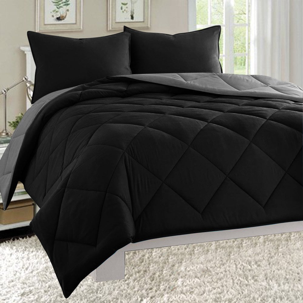 Gray Black 3pcs Super Soft Reversible Down Alternative Comforter Set Queen Size
