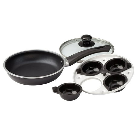 Frying Pan with Egg Poacher Insert, A pan and poacher in one versatile;Non-stick aluminum;Poach 4 eggs at a time; By