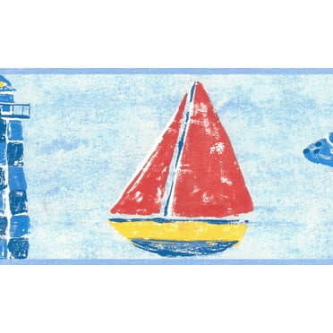 Dundee Deco Prepasted Wallpaper Border - Nautical Red, Blue, Yellow Lighthouse, Ship, 15 ft x 5.25 in