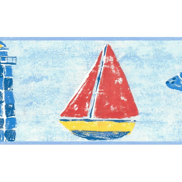 Prepasted Wallpaper Border - Nautical Red, Blue, Yellow Lighthouse, Ship, Ducky Wall Border Retro Design, 15 ft x 5.25 in (4.57m x 13.34cm)