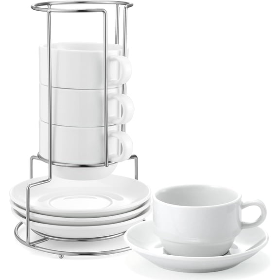 4 oz Espresso Cups with Sucers nd Metl Stnd, Porcelin Stckble Coffee Cppuccino Set of 4, White