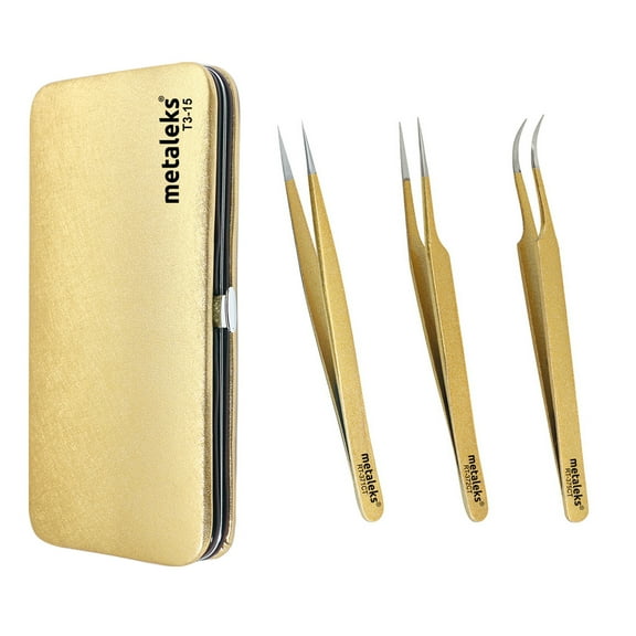 3Pcs Kit of Eyelash Extension Tweezers In Golden Magnetic Kit - Made In Surgical Stainless Stee