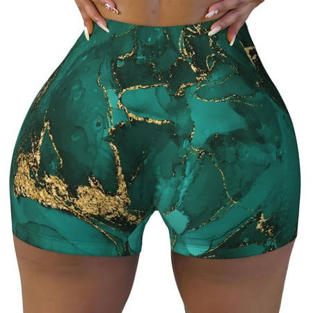 Workout Shorts Women  Green Gold Glitter Biker Shorts for Women Running Gym Spandex Shorts Tummy Control